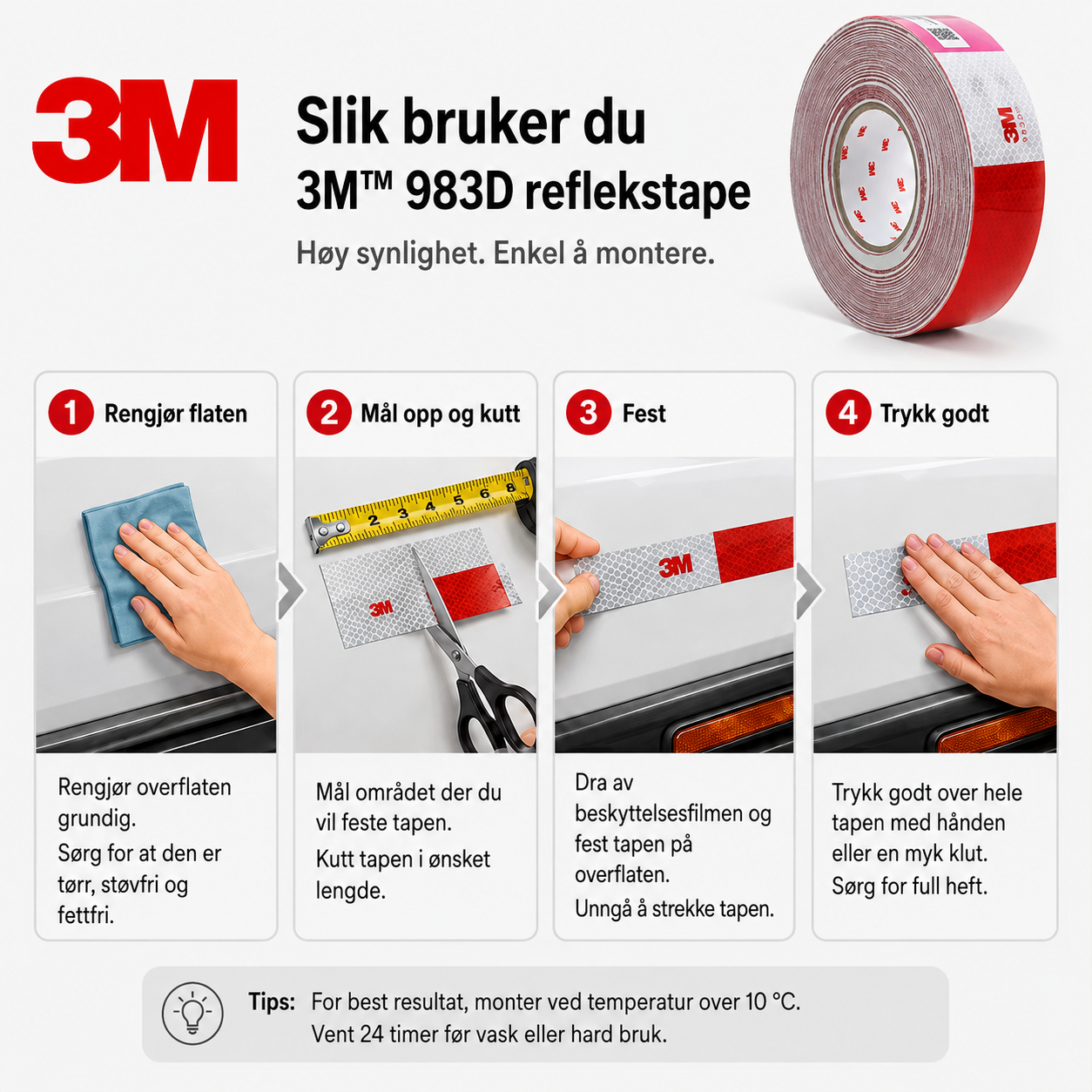 3M 983D rød/hvit reflekstape – 50 mm × 45,7 m